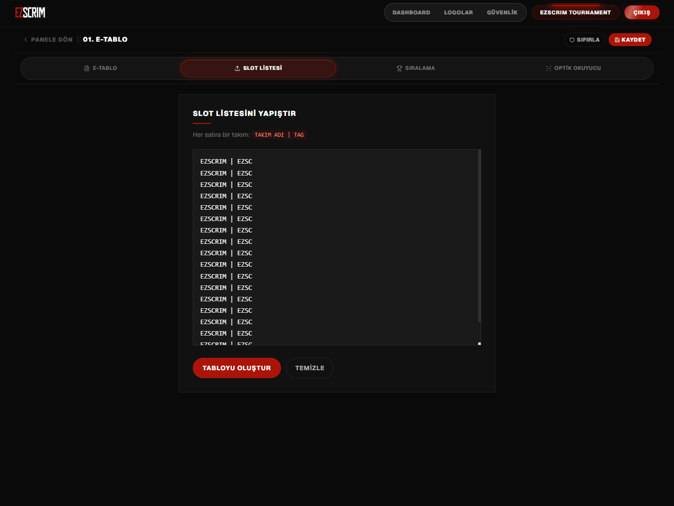 Takımları ekle — Slot Listesi